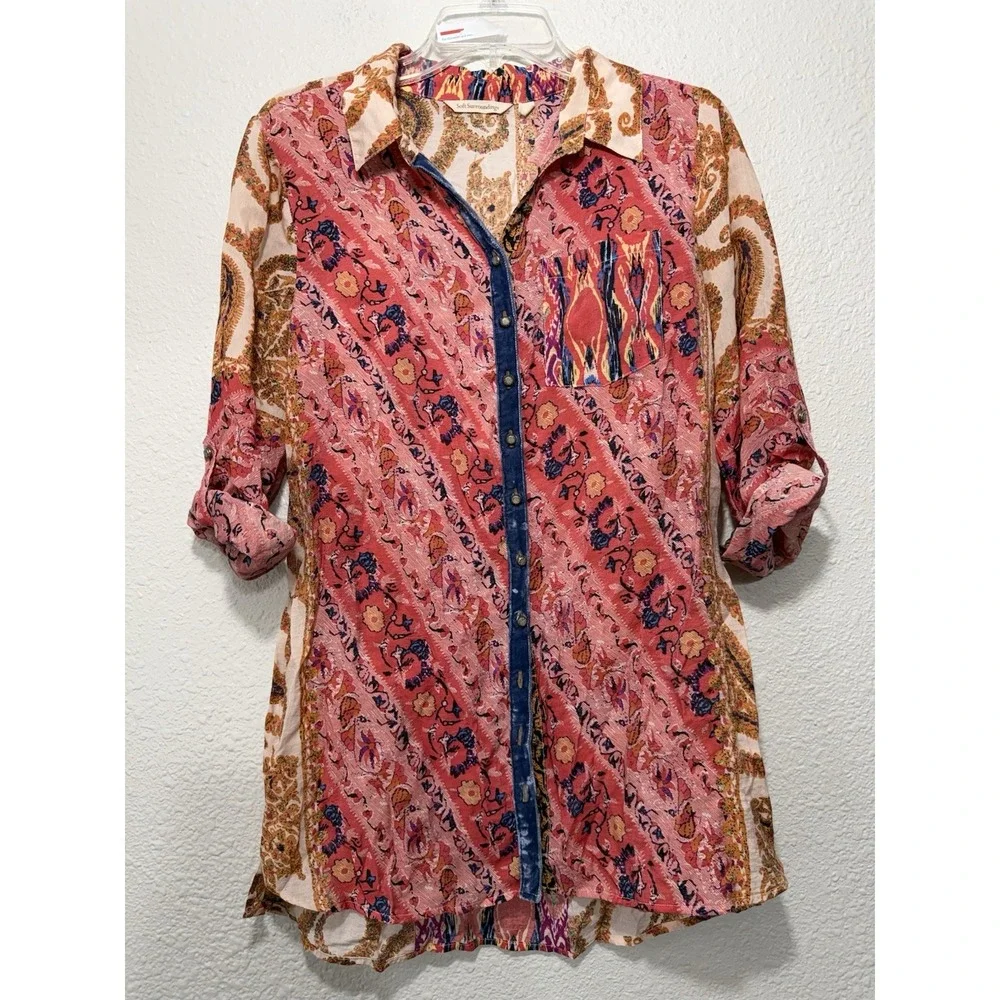 Soft Surroundings Silk Blend Top Small Petite Button Down Boho Art Colorful